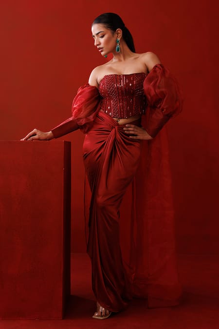 Shop_Kisakshi Jaipur_Maroon Satin, Organza Beads, Sequins, Embellished Off Shoulder Cape Skirt Set _Online_at_Aza_Fashions