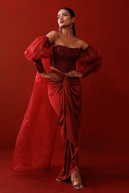 Kisakshi Jaipur_Maroon Satin, Organza Beads, Sequins, Embellished Off Shoulder Cape Skirt Set _at_Aza_Fashions