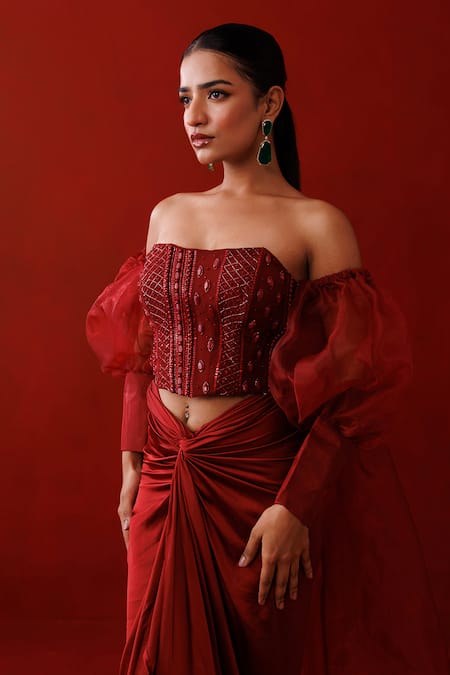 Buy_Kisakshi Jaipur_Maroon Satin, Organza Beads, Sequins, Embellished Off Shoulder Cape Skirt Set 