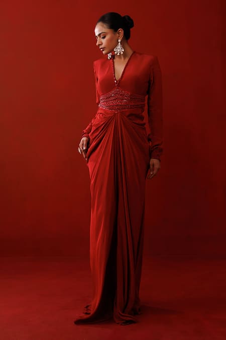 Kisakshi Jaipur Maroon Crepe Beads, Cut Work, Sequins V-neck Tonal Embellished Draped Dress Online at Aza Fashions Kisakshi Jaipur_Maroon Crepe Beads, Cut Work, Sequins V-neck Tonal Embellished Draped Dress _Online_at_Aza_Fashions