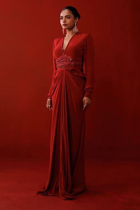 Buy Kisakshi Jaipur Maroon Crepe Beads, Cut Work, Sequins V-neck Tonal Embellished Draped Dress Online at Aza Fashions Buy_Kisakshi Jaipur_Maroon Crepe Beads, Cut Work, Sequins V-neck Tonal Embellished Draped Dress _Online_at_Aza_Fashions