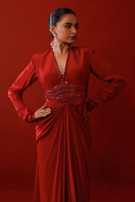 Shop Kisakshi Jaipur Maroon Crepe Beads, Cut Work, Sequins V-neck Tonal Embellished Draped Dress Online at Aza Fashions Shop_Kisakshi Jaipur_Maroon Crepe Beads, Cut Work, Sequins V-neck Tonal Embellished Draped Dress _Online_at_Aza_Fashions