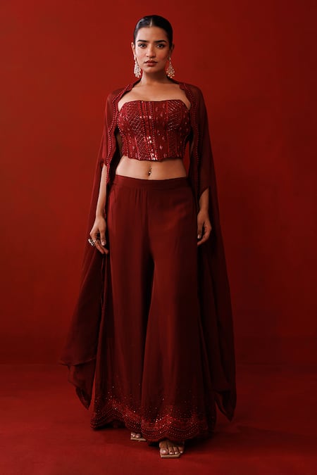 Buy_Kisakshi Jaipur_Maroon Organza Beads, Sequins, Cut Work Sweetheart Embellished Cape Palazzo Set _Online_at_Aza_Fashions
