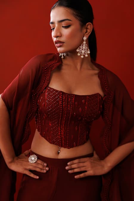 Shop_Kisakshi Jaipur_Maroon Organza Beads, Sequins, Cut Work Sweetheart Embellished Cape Palazzo Set _Online_at_Aza_Fashions