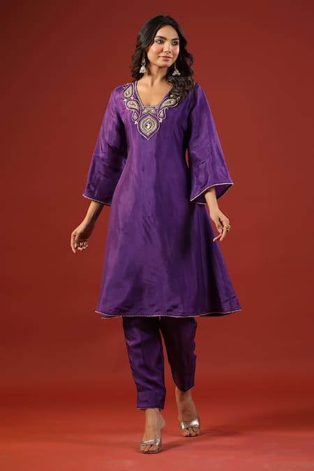 Shop_Kisakshi Jaipur_Purple Silk Cut Work, Pearls Square Neck Cutdana Embroidered Kurta Set _Online_at_Aza_Fashions