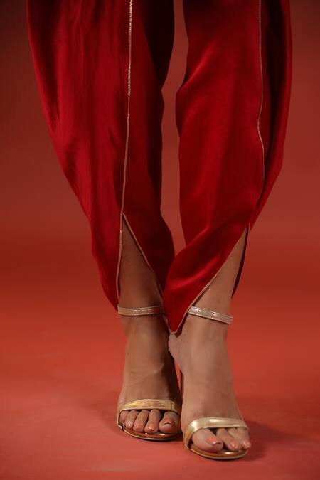 Buy_Kisakshi Jaipur_Red Chanderi, Net Embroidery, Pearls, Sequins, Zari A-line Kurta Dhoti Pant Set _Online_at_Aza_Fashions