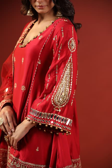Shop_Kisakshi Jaipur_Red Chanderi, Net Embroidery, Pearls, Sequins, Zari A-line Kurta Dhoti Pant Set _Online_at_Aza_Fashions