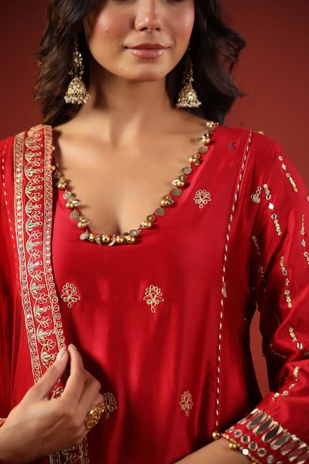 Kisakshi Jaipur_Red Chanderi, Net Embroidery, Pearls, Sequins, Zari A-line Kurta Dhoti Pant Set _at_Aza_Fashions
