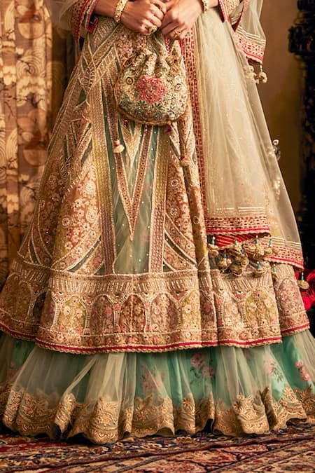 Rimple And Harpreet Narula_Blue Tulle Sequins, Zari, Pearls V-neck Embroidered Kalidar Jacket Skirt Set _Online_at_Aza_Fashions