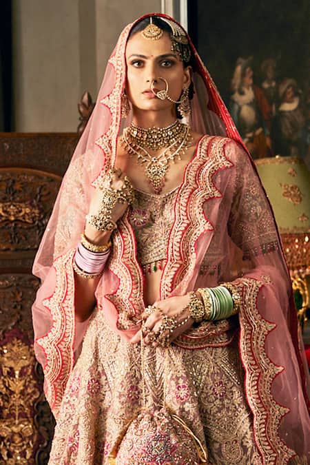 Shop Rimple And Harpreet Narula Pink Tulle Beads V-neck Peacock Embroidered Lehenga Set at Aza Fashions Shop_Rimple And Harpreet Narula_Pink Tulle Beads V-neck Peacock Embroidered Lehenga Set _at_Aza_Fashions