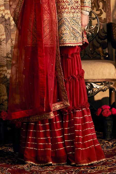 Rimple And Harpreet Narula Red Tulle, Georgette Gota Patti, Pearls Round Embroidered Kurta Set With Sharara Online at Aza Fashions Rimple And Harpreet Narula_Red Tulle, Georgette Gota Patti, Pearls Round Embroidered Kurta Set With Sharara _Online_at_Aza_Fashions