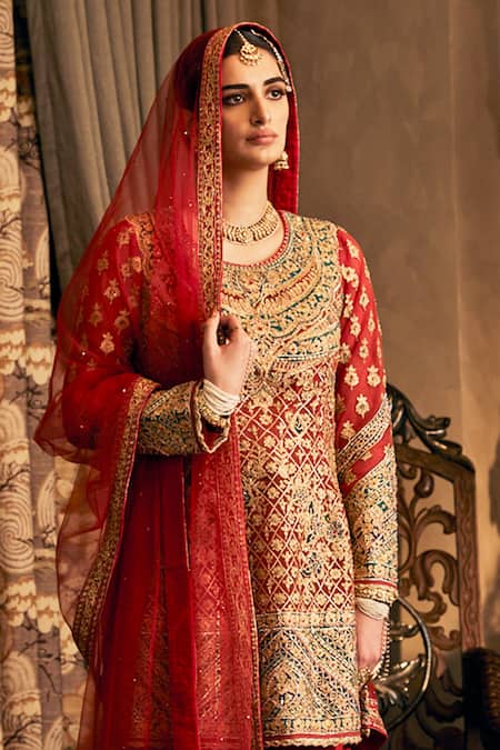 Shop Rimple And Harpreet Narula Red Tulle, Georgette Gota Patti, Pearls Round Embroidered Kurta Set With Sharara at Aza Fashions Shop_Rimple And Harpreet Narula_Red Tulle, Georgette Gota Patti, Pearls Round Embroidered Kurta Set With Sharara _at_Aza_Fashions