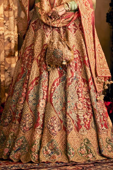 Rimple And Harpreet Narula Red Tulle Beads, Pearls, Tassels Mughal Miniatures Embroidered Lehenga Set Online at Aza Fashions Rimple And Harpreet Narula_Red Tulle Beads, Pearls, Tassels Mughal Miniatures Embroidered Lehenga Set _Online_at_Aza_Fashions