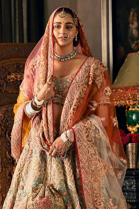 Shop_Rimple And Harpreet Narula_Blue Tulle Beads, Tassels, Pearls, Embroidery, Sequins V-neck Lehenga Blouse Set _at_Aza_Fashions