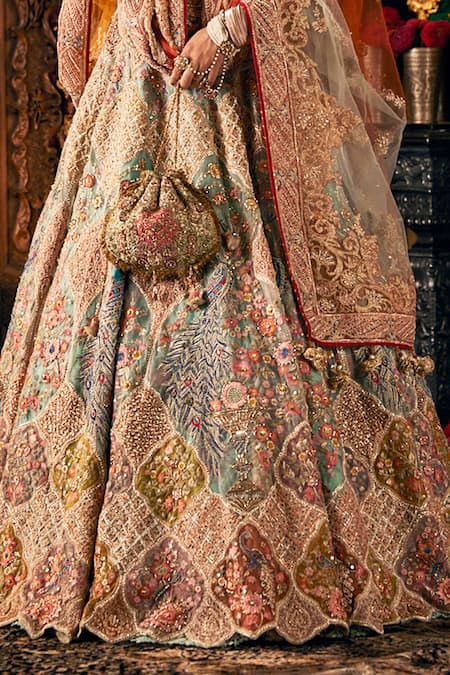 Rimple And Harpreet Narula_Blue Tulle Beads, Tassels, Pearls, Embroidery, Sequins V-neck Lehenga Blouse Set _Online_at_Aza_Fashions