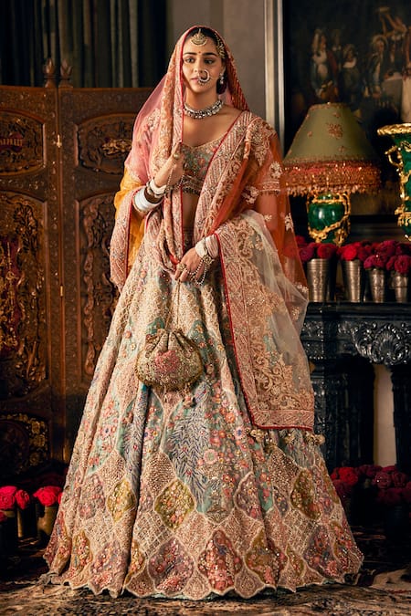 Rimple And Harpreet Narula Blue Tulle Beads, Tassels, Pearls, Embroidery, Sequins V-neck Lehenga Blouse Set 