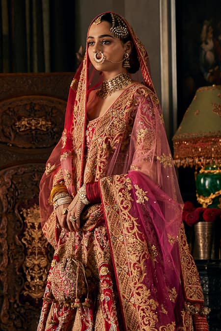 Shop_Rimple And Harpreet Narula_Red Tulle Beads, Pearls, Tassels V-neck Peacock Embroidered Lehenga And Blouse Set _at_Aza_Fashions