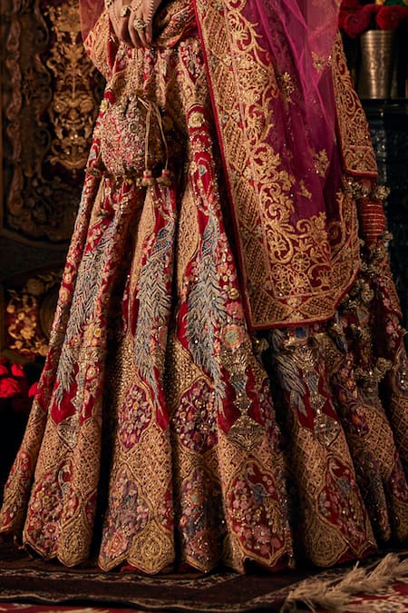 Rimple And Harpreet Narula_Red Tulle Beads, Pearls, Tassels V-neck Peacock Embroidered Lehenga And Blouse Set _Online_at_Aza_Fashions