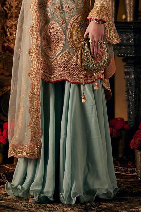 Rimple And Harpreet Narula Blue Georgette, Tulle Zari, Sequins, Embroidery Round Zardozi Kurta Sharara Set Online at Aza Fashions Rimple And Harpreet Narula_Blue Georgette, Tulle Zari, Sequins, Embroidery Round Zardozi Kurta Sharara Set _Online_at_Aza_Fashions