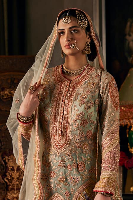 Shop Rimple And Harpreet Narula Blue Georgette, Tulle Zari, Sequins, Embroidery Round Zardozi Kurta Sharara Set at Aza Fashions Shop_Rimple And Harpreet Narula_Blue Georgette, Tulle Zari, Sequins, Embroidery Round Zardozi Kurta Sharara Set _at_Aza_Fashions