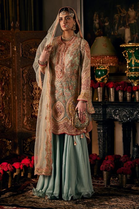 Rimple And Harpreet Narula Blue Georgette, Tulle Zari, Sequins, Embroidery Round Zardozi Kurta Sharara Set 