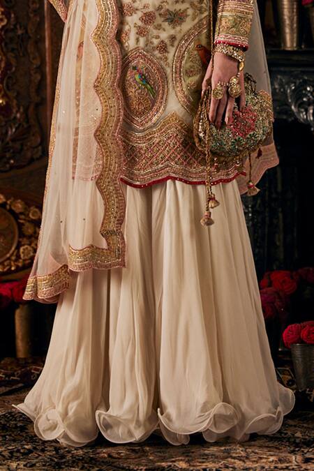 Rimple And Harpreet Narula_Ivory Tulle, Georgette Embroidery, Ruffles, Bird Floral Kurta Sharara Set _Online_at_Aza_Fashions