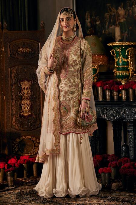 Rimple And Harpreet Narula Ivory Tulle, Georgette Embroidery, Ruffles, Bird Floral Kurta Sharara Set 