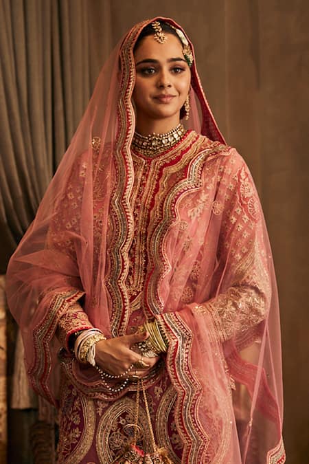 Shop_Rimple And Harpreet Narula_Pink Tulle, Georgette Sequins, Zari, Embroidery Round Neck Kurta Sharara Set _at_Aza_Fashions