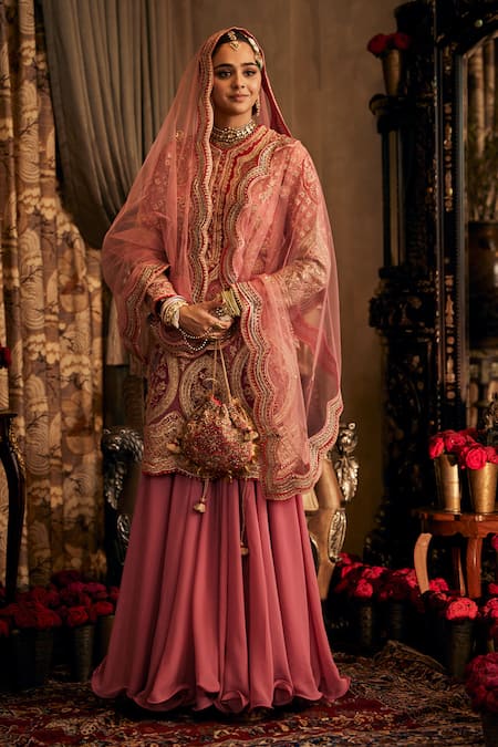 Rimple And Harpreet Narula Pink Tulle, Georgette Sequins, Zari, Embroidery Round Neck Kurta Sharara Set 