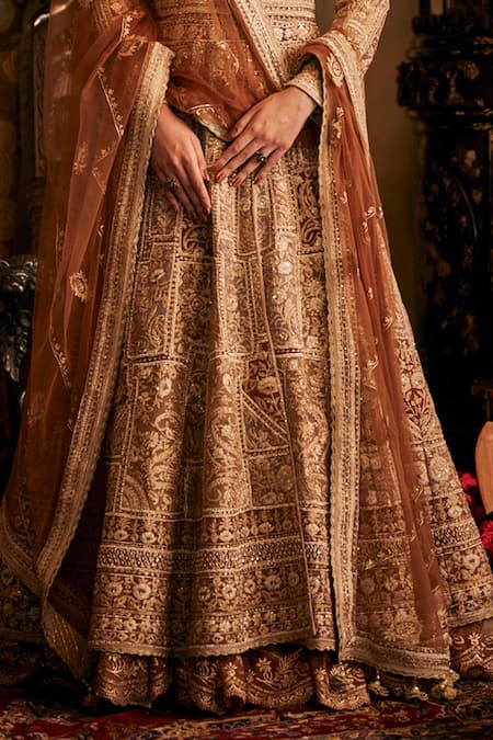 Rimple And Harpreet Narula_Beige Tulle Pearls, Sequins, Zari Mughal Embroidered Kalidar Jacket Lehenga Set _Online_at_Aza_Fashions