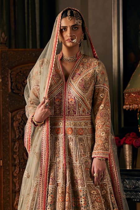 Shop_Rimple And Harpreet Narula_Blue Tulle Pearls, Sequins, Tassels Floral Embroidered Kalidar Jacket Set _at_Aza_Fashions