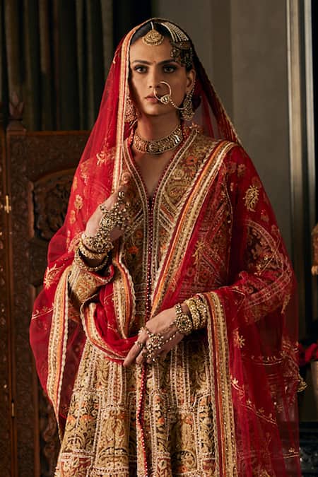 Shop_Rimple And Harpreet Narula_Red Tulle Pearls, Sequins, Zari V-neck Embroidered Kalidar Jacket And Skirt Set _at_Aza_Fashions