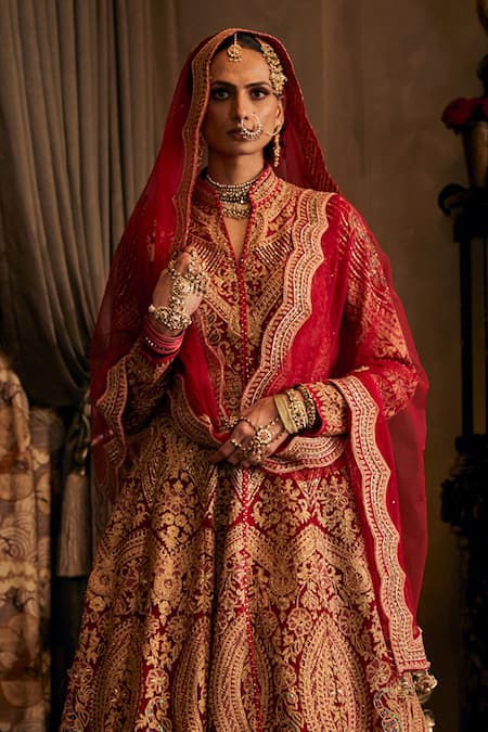 Shop Rimple And Harpreet Narula Red Tulle Pearls, Zari, Sequins Mandarin Embroidered Longline Jacket Lehenga Set at Aza Fashions Shop_Rimple And Harpreet Narula_Red Tulle Pearls, Zari, Sequins Mandarin Embroidered Longline Jacket Lehenga Set _at_Aza_Fashions
