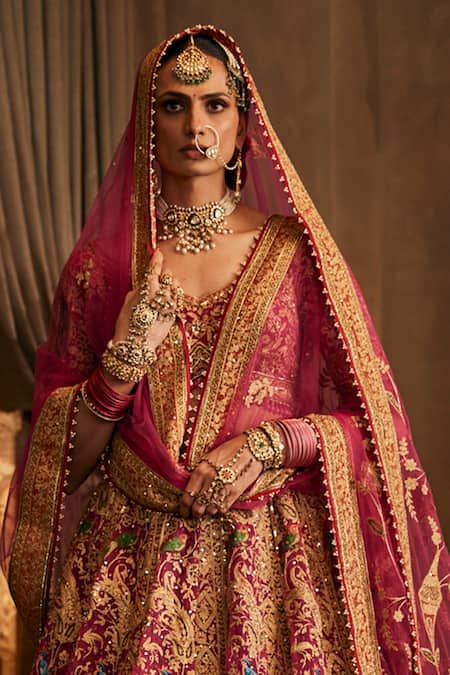 Shop_Rimple And Harpreet Narula_Pink Tulle Pearls, Zari, Beads, Sequins V-neck Paisley Embroidered Lehenga Set _at_Aza_Fashions
