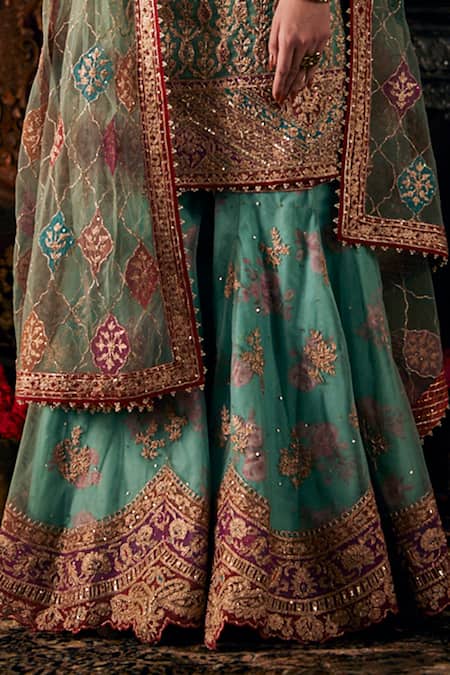 Rimple And Harpreet Narula_Blue Tulle Embroidery, Sequins Round Neck Kurta Sharara Set _Online_at_Aza_Fashions