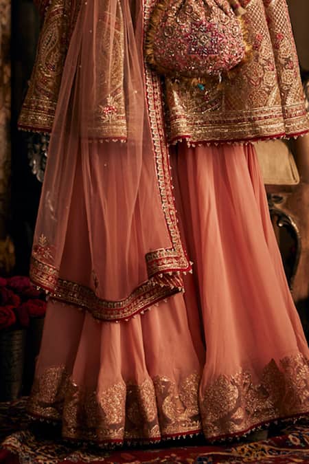 Rimple And Harpreet Narula_Peach Tulle Pearls, Sequins, Zari Round Floral Embroidered Anarkali Sharara Set _Online_at_Aza_Fashions