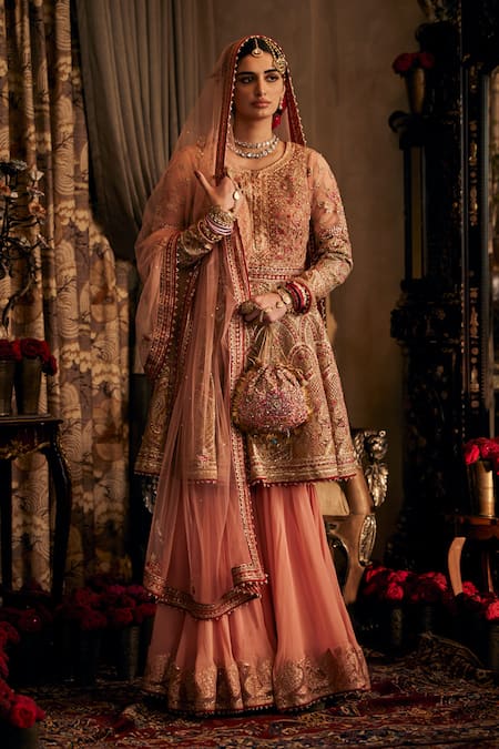 Rimple And Harpreet Narula Peach Tulle Pearls, Sequins, Zari Round Floral Embroidered Anarkali Sharara Set 