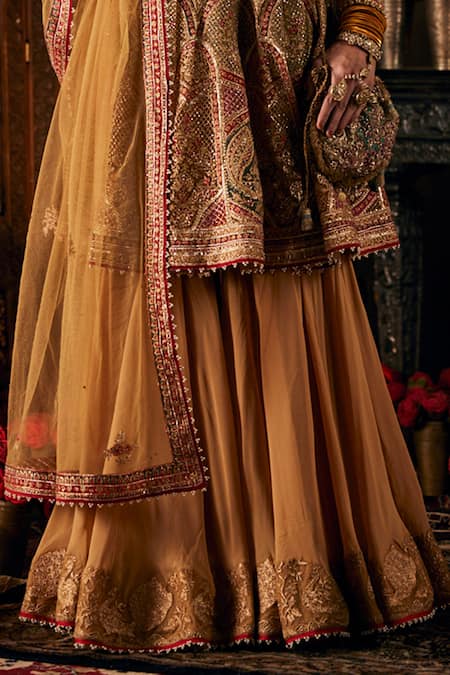 Rimple And Harpreet Narula Gold Tulle Pearls, Sequins, Zari Round Floral Embroidered Anarkali Sharara Set Online at Aza Fashions Rimple And Harpreet Narula_Gold Tulle Pearls, Sequins, Zari Round Floral Embroidered Anarkali Sharara Set _Online_at_Aza_Fashions