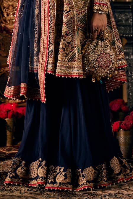 Rimple And Harpreet Narula_Navy Tulle Pearls, Zari, Sequins Mughal Miniatures Embroidered Anarkali Set _Online_at_Aza_Fashions