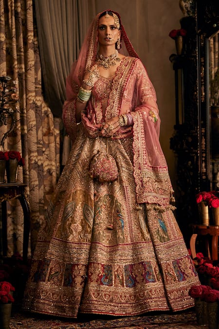 Rimple And Harpreet Narula Pink Tulle Beads, Sequins V-neck Floral Embroidered Lehenga Set
