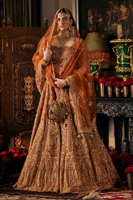 Rimple And Harpreet Narula Orange Tulle Pearls, Sequins, Embroidery Peacock Motif Marodi Set 