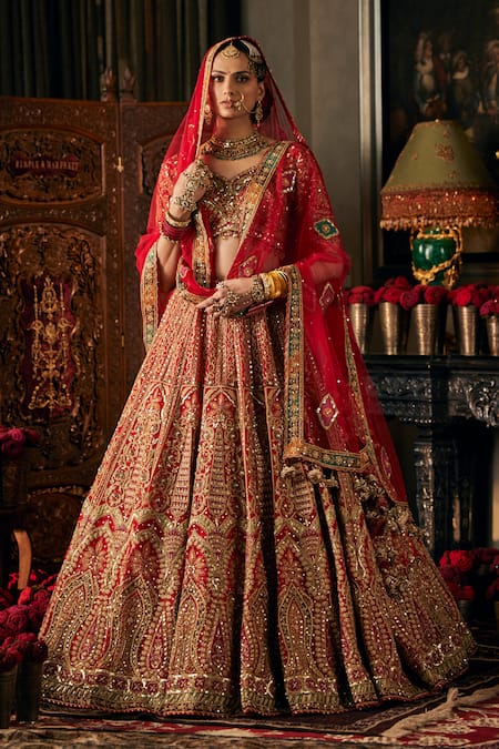 Rimple And Harpreet Narula Red Tulle Pearls, Zari, Embroidery Mughal Motif Lehenga Set 