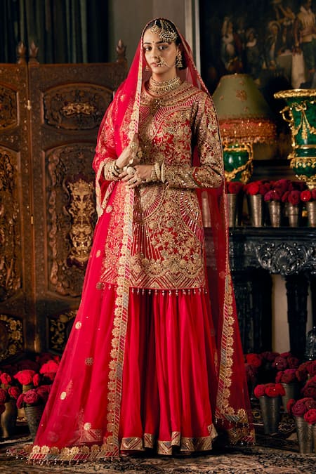 Rimple And Harpreet Narula Red Tulle, Georgette Sequins, Applique, Art Deco Bloom Kurta Sharara Set 