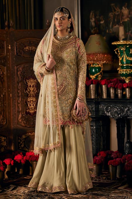 Rimple And Harpreet Narula Green Tulle, Georgette Sequins, Applique, Art Deco Blossom Kurta Sharara Set