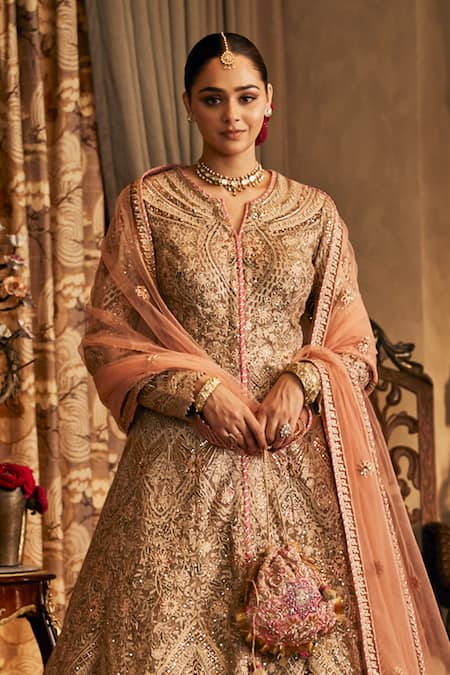 Rimple And Harpreet Narula Beige & Grey Embroidered Kalidar Jacket Set 