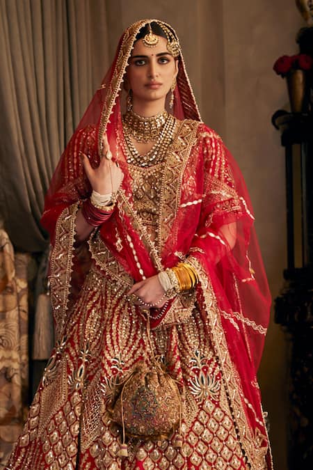 Rimple And Harpreet Narula Red Floral Embroidered Bridal Lehenga Set 