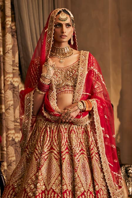 Rimple And Harpreet Narula Red Tulle Marodi Embroidered Lehenga Set 