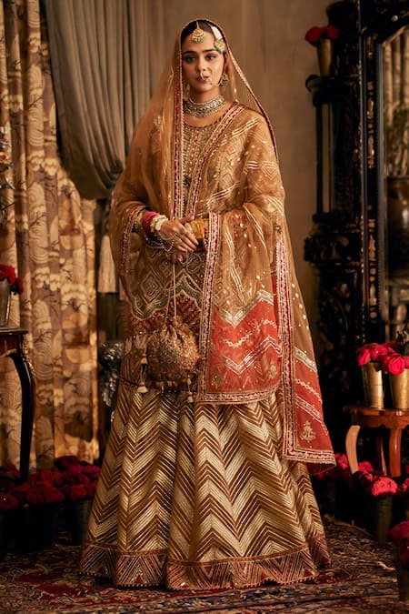 Rimple And Harpreet Narula Gold Tulle Pearls, Sequins, Embroidery Round Neck Kurta Sharara Set 