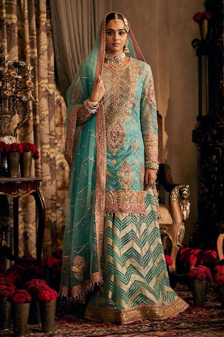 Rimple And Harpreet Narula Blue Tulle Pearls, Sequins, Zari Turquoise Jaal Embroidered Kurta Sharara Set