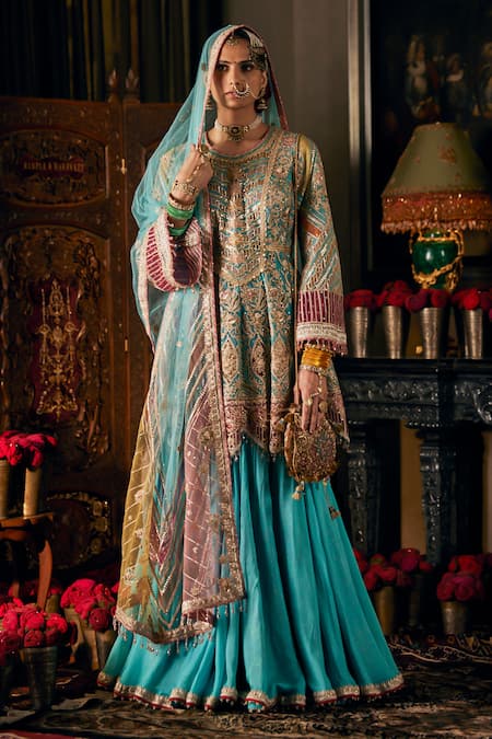 Rimple And Harpreet Narula Blue Tulle Pearls, Sequins Round Neck Floral Embroidered Kurta Sharara Set